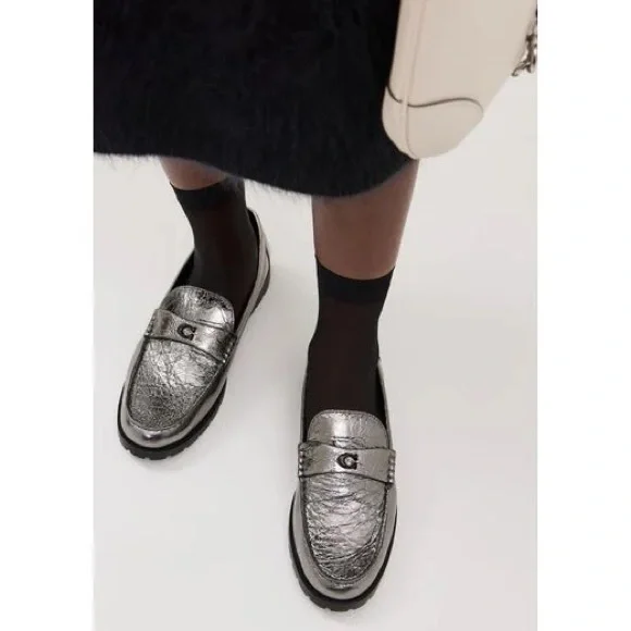 Coach NIB Metallic Silver Anthracite Jocelyn Crinkle Loafers - Picture 14 of 14